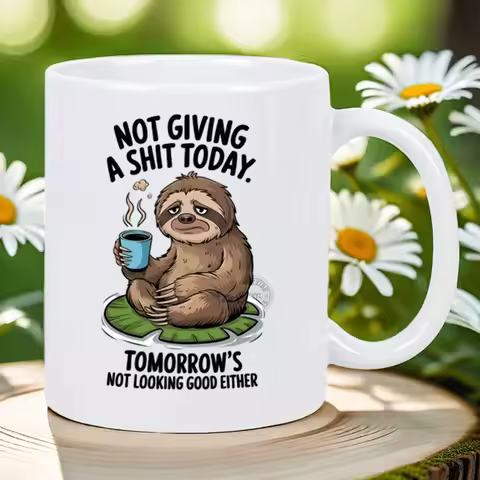 NOT GIVING A SHIT TODAY Funny Coffee Mug - Sarcastic Office Cup with Lazy Sloth Design, 11oz Ceramic