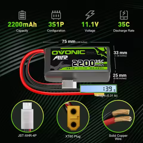 OVONIC 2200mAh 3S Lipo Battery 35C 11.1V with XT60 For RC Helicopter Quadcopter FPV Racing Drone