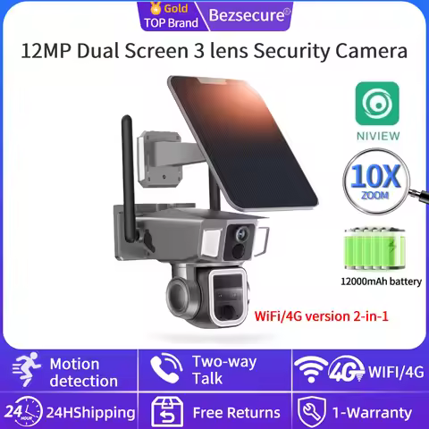 12MP Dual Screen 3Lens 2in1 4G Solar Security Camera Outdoor PTZ WIFI Camera 10X Zoom Dual PIR Human