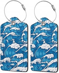 2Pcs Luggage Tag for Suitcase,Japanese Style Blue Wave Cute Leather Luggage Tags with Privacy Flap &amp; Name ID Label &amp; Metal Loop,Travel Bag Luggage Tags for Women