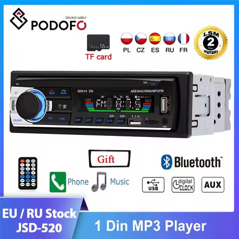 Podofo JSD-520 Car Radio In Dash 1 Din Tape Recorder MP3 Player FM Audio Stereo USB/SD AUX Input ISO