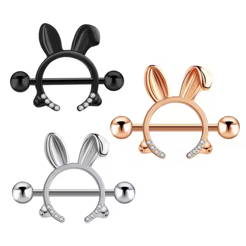Rabbit Nipple Rings 14G Rosy Bunny Ear Clear CZ Nipple Piercing Barbell Surgical Steel 316L Nipple P