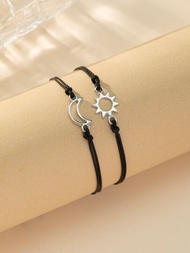 2 piezas pulseras de pareja trenzadas de cordón encerado de estilo coreano Simple con patrón de sol y luna, ajustable, regalo del Día de San Valentín