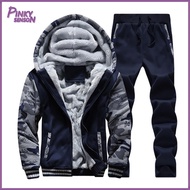 Yoewre Men Sports Suit Winter Coat Pants Suit Mens Winter Camouflage Print Hooded Coat Pants Set War