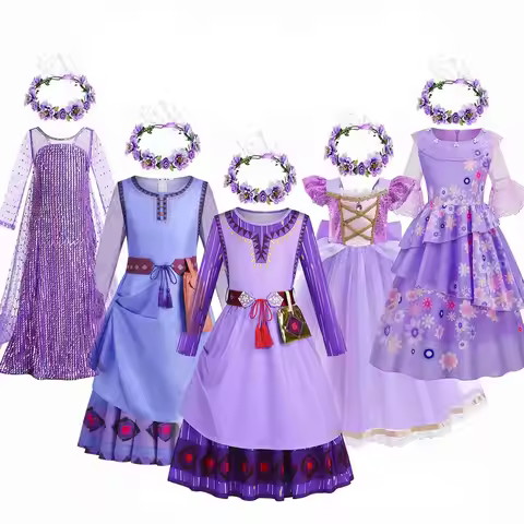2025 Disney Purple Costumes for Girls Asha Elsa Rapunzel Cosplay Princess Dress for Girls Christmas 