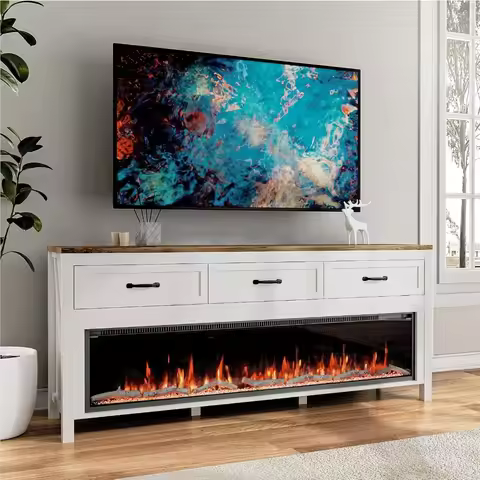 Farmhouse Fireplace TV Stand for Up to 75 Inch TV, Entertainment Center with 60" Electric Fireplace 