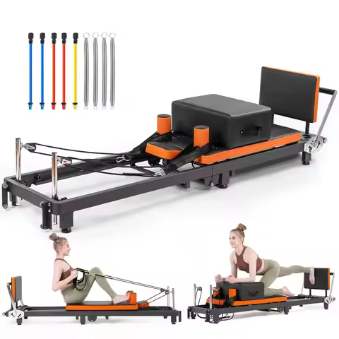 Pilates Reformer, Foldable Pilates Machine with Jump Board & Pilates Box (4 Springs & 5 Resistance C