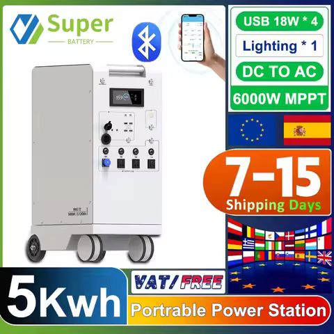 5000W Portable Power Station LiFePO4 48V 100Ah 5Kwh 6000W MPPT Inverter With Light 18W-USB EU AC Inp