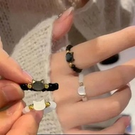 1pcs Natural Moonstone Obsidian Rings Cute Black White Cat Beads Ring Women Men Graduation Gift