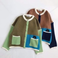 Nenet驚訝貓撞色拼接雙口袋個性時尚粗毛線上衣開衫外套