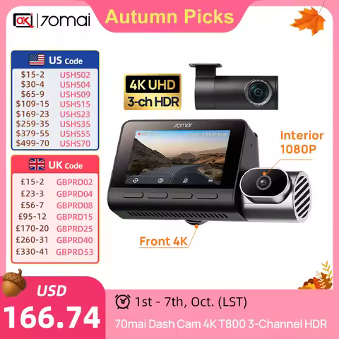 70mai 4K T800 3-Channel HDR Car DVR Built-in GPS & ADAS Voice Control Super Capacitor Dual 4K&Triple