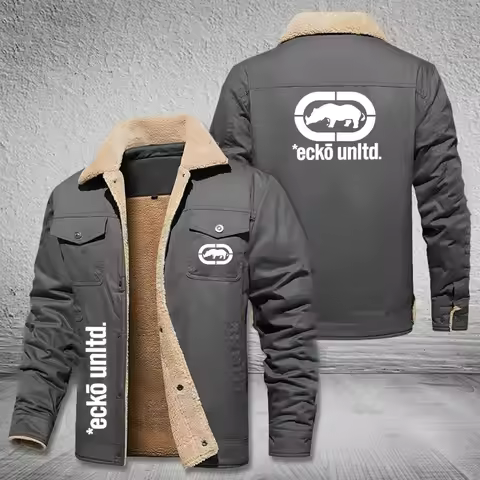 Men Fleece Lined Sherpa Collar Jacket Ecko Unltd Rhino Logo Thick Warm Winter Cargo Coat Hip Hop Str