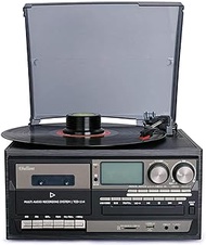 Vinyl Player Vintage, Bluetooth Vinyl Record Player Turntable CD Cassette AM/FM Radio and Aux in with USB Port&amp;SD Encoding- Remote Control Built-in Gramophone