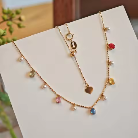 UBESTNICE Real 18K Yellow Gold Jewelry AU750 Romantic Rainbow Sapphire Mini Pearls Pendants Necklace