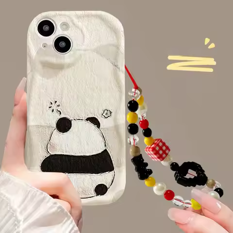 Cartoon 3D Panda Black Heart Chain Phone Case For OPPO A3 A5 A6 Pro A3X A60 A38 A18 A17 A16 A35 A54 