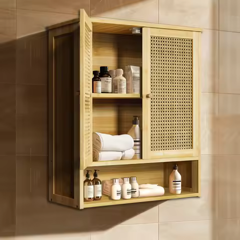 Bamboo Bathroom Wall Cabinet, Over the Toilet, Kitchen Storage, Solid Wood, 3 Shelves, 2 Doors
