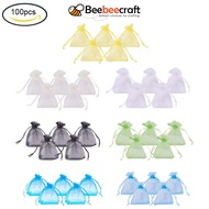 BeeBeecraft 100 pcs Rectangle Organza Bags Gift Pouches  with Ribbons