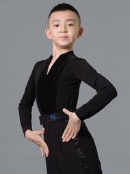 舞蹈系列 男童拉丁舞演出服裝少兒時尚新款長袖V領國標舞蹈連身服練功上衣