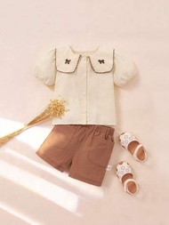 嬰兒女夏季蝴蝶刺繡短袖襯衫和短褲套裝可愛服飾
