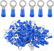 Bokwin 100Pcs 16-14AWG Insulated Terminals Ring Electrical Wire Crimp Connectors M6 Blue GA Crimp Wi