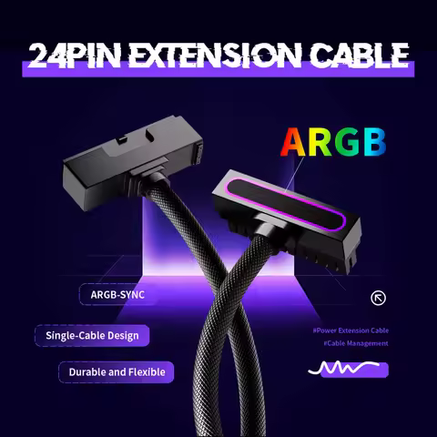 AIJS ATX 24PIN Extension Cable, ARGB PC Cable with 5V 3Pin,18AWG 90 Degree Right-Angle Design Male-t