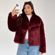 Plus Size Black Y2K Baddie Casual Plus Size Faux Fur Collar Short Loose Jacket/Autumn Winter Long Sl