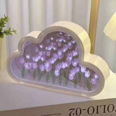 Creative Cloud Tulip Night Light DIY Handmade Mirror Flower Sea Atmosphere Lamp Desktop Decoration B