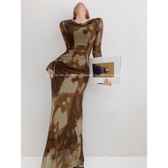 "star Escape" Sunset Tie-dye พิมพ์คอสวิงยาว เดรส พรางหุ่น เอว ดีไซน์ เหมาะสําหรับวันหยุด ผู้หญิง แฟช