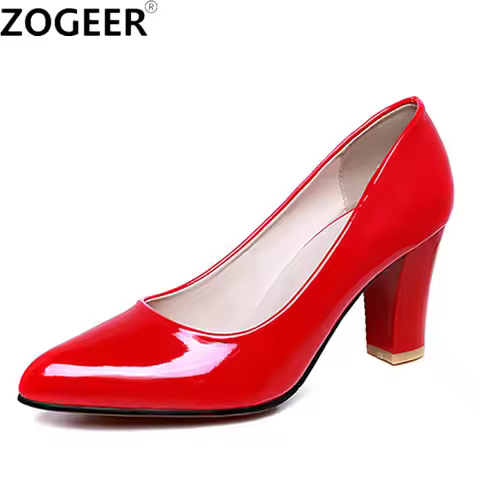 Classic High Heel Women's Pumps Shoes Elegant Fashion Nude Red Block Heels Large Size 45 Point Offic