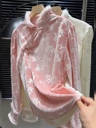 Vintage Chinese pink velvet top long sleeved shirt half Qipao modern contemporary style 新中式絨面保暖上衣長袖衫