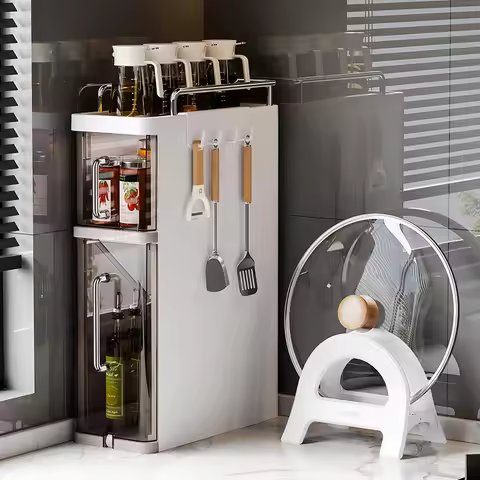Pull-Out Kitchen Spice Rack Narrow Countertop Organizer Multi-Functional Oil Salt Sauce Jar Storage 