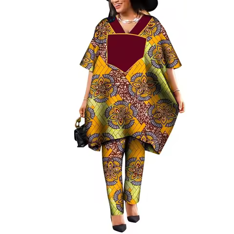 Ankara African Prints Two Pieces Set Women's Agbada Pant Suits Wax Cotton Loose T-Shirt Dashiki Clot