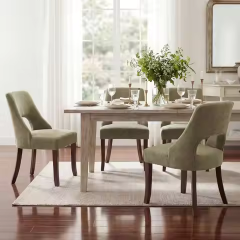 Wooden Dining Chairs Set of 2, Mid Century Modern Chenille Upholstered Dining Room Chair Kitchen Cha