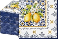 80Pcs Blue Tiles Lemons Paper Napkins - 2-Ply Decorative Disposable Guest Napkins for Summer Parties