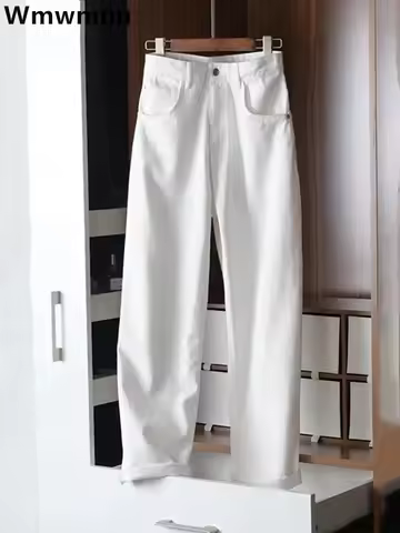 Women's Straight High Waist Jeans Korean Fashion Streetwear Baggy Wide-leg Casual White Denim Pants 