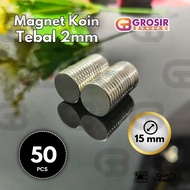 [Contents 50] Neodymium Iron Magnet 2 mm Thick Strong Round Coin Button Chrome Ndfeb N50 Size 15mm