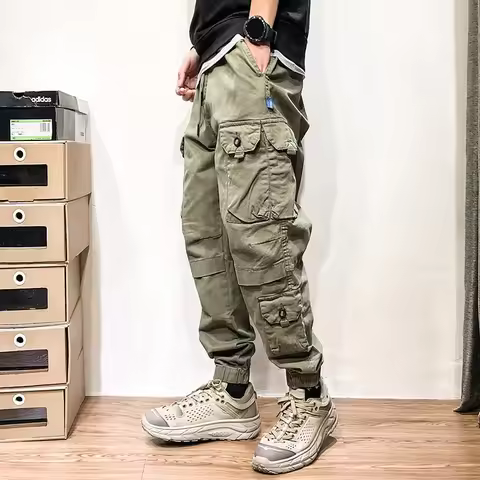 Vintage Style American Men's Cargo Pants Loose Fit Multi-Pocket Washing Machine Slim Fit Casual Trou
