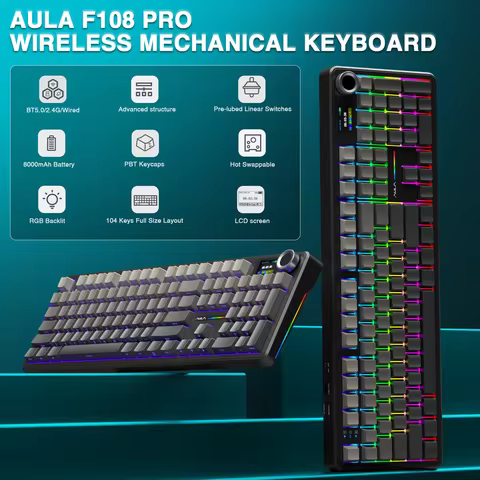 AULA F108pro Wireless Bluetooth Keyboard Macro Gaming keyboard Gasket Hot-swap Full Size Keyboard wi