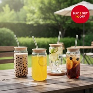 Set of 1pc 500ML water cup, bamboo lid, glass straw, straw brush, high borosilicate drinking cups, c