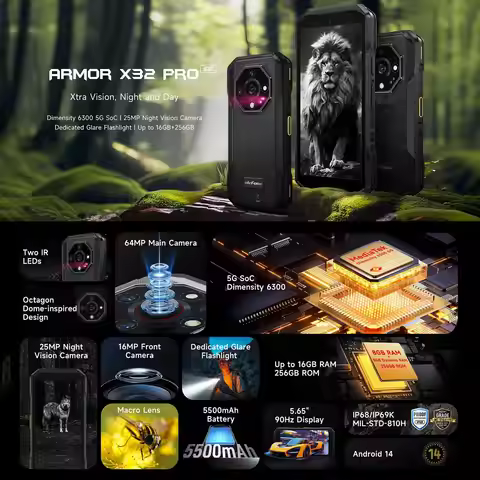 Ulefone Armor X32 Pro 5G Rugged Phone 8GB+256GB Android 14 MediaTek Dimensity 6300 Octa Core Night V