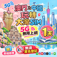 Simwitch Limited - 中國內地及澳門 1日 5G/4G 漫遊上網卡 1GB｜高速後128kbps 即插即用 啟動期限2027.05.01