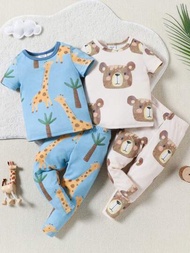 SHEIN 嬰兒男童熊和長頸鹿印花簡單可愛短袖和長褲緊身兩套家居服裝