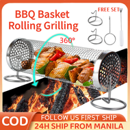 BBQ Basket Rolling Grilling 304 Stainless Steel Barbecue Cage Round Rolling Grilling Basket Wire Mesh Cylinder Grill Basket Portable Round Outdoor Camping Barbecue Rack