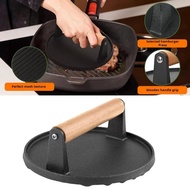 Meat Press for Grilling Round Cast Iron Bacon Press Burger Press with Wooden Handle