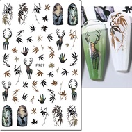 3D Deer & Maple Leaves Nail Art Stickers - F989 - Fall Winter Nail Decals - Brown Gold Red - Nail Ar
