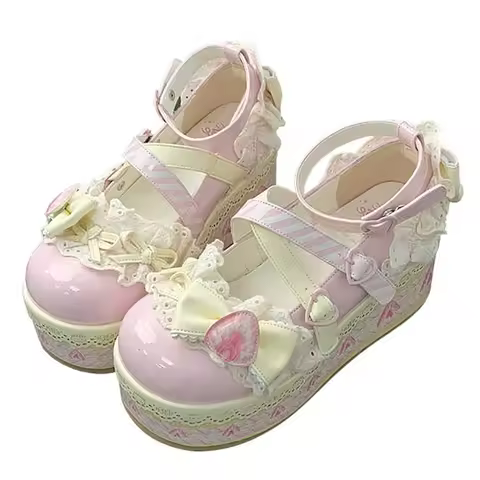 Sweet Girls Lolita Flat Platform ,Female Students Lace Strawberry Bowknots Cute Marry Jane Elevator 