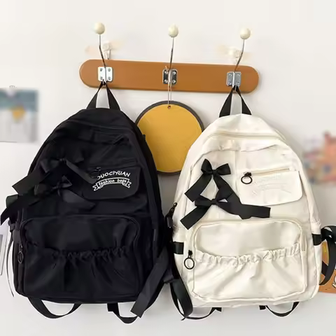 M6CC Preppy Styles Large Capacity Nylon Backpack for Teen Girls Anime Pleated Pocket School Book Bag