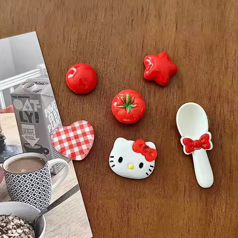 Kawaii Hello Kitty Cat Refrigerator Magnet Set Japanese Style Bow Spoon Hello Kitty Tomato Heart Ref