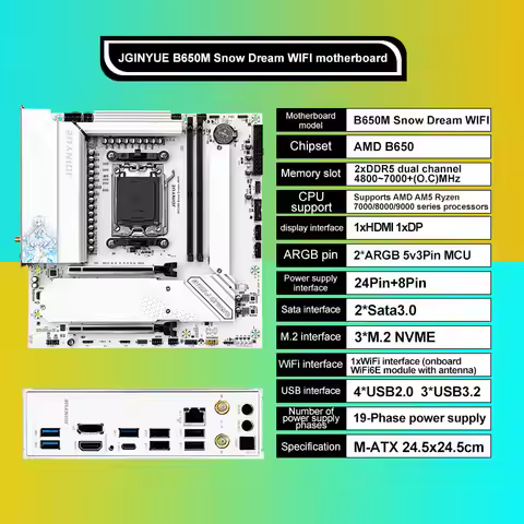 JGINYUE B650M Snow Dream WIFI 6E Motherboard DDR5 AM5 Gaming Desktop Computer DDR5 Motherboard CPU R