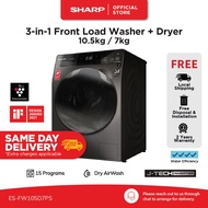 SHARP 2-in-1 10.5KG Front Load Plasmacluster Washer Dryer l ES-FW105D7PS (4 Ticks) l 2 Year Warranty